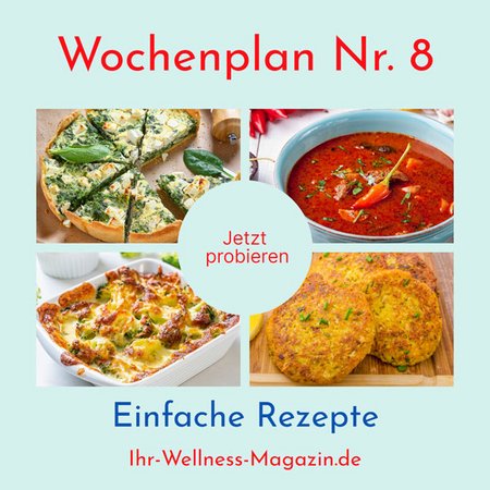 Wochenplan Nr. 8 mit Rezepten für Blumenkohl-Pancakes, Omelett, Spinat-Quiche, Hähnchen-Auflauf …