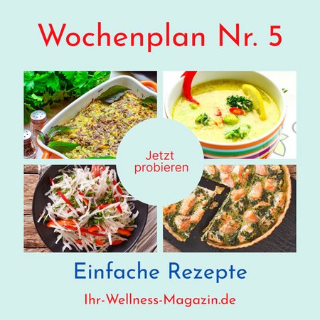 Wochenplan Nr. 5 mit Rezepten für Pilz-Omelett, Apfel-Waffeln, Kokos-Curry-Suppe, Quiche mit Lachs und Spinat …