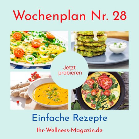 Wochenplan Nr. 28 mit Rezepten für Kräuter-Omelett, Kürbis-Ingwer-Suppe, Hähnchenbrust mit Gemüse ...