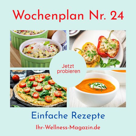 Wochenplan Nr. 24 mit Rezepten für Karottencremesuppe, Paprika mit Hackfleisch, Quiche ...